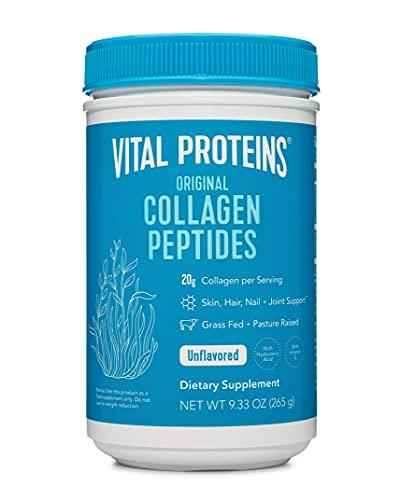 Vital Proteins Collagen Peptides Powder in a blue and white plastic tub, labeled original and unflavored with a screw-top lid.