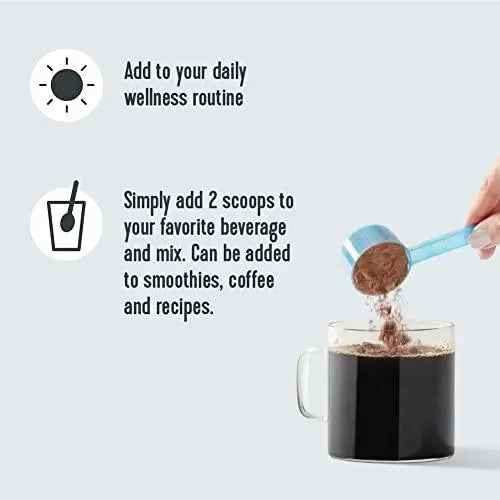 Vital Proteins Collagen Peptides Powder, brown powder measured with a blue scoop and stirred into a dark beverage