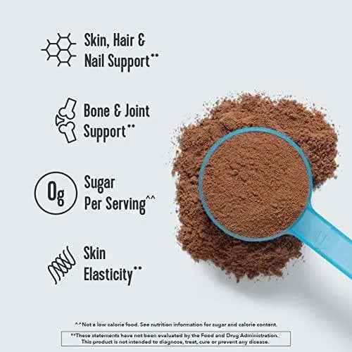 Vital Proteins Collagen Peptides Powder in brown chocolate-flavoured powder, shown with a blue scoop and zero sugar per serving