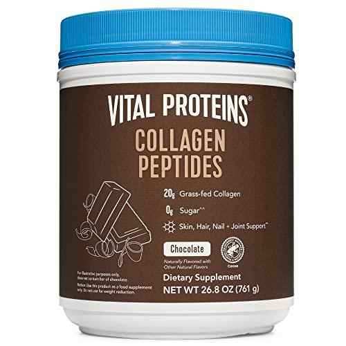 Vital Proteins Collagen Peptides Powder in a brown tub with a blue lid, labeled chocolate flavor and 20g collagen