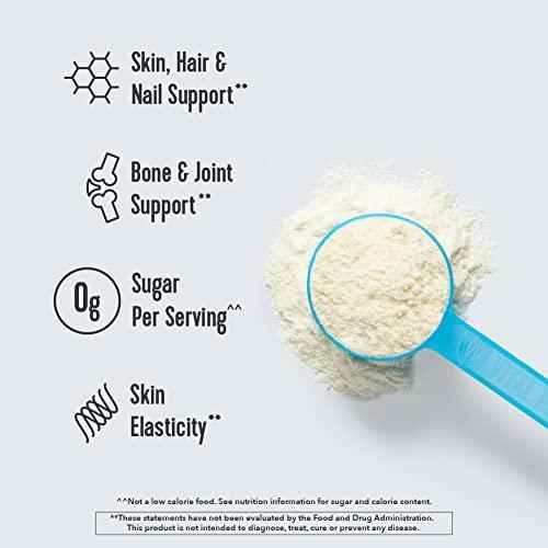 Vital Proteins Collagen Peptides Powder in pale cream powder form, shown with a turquoise measuring scoop and wellness benefit icons