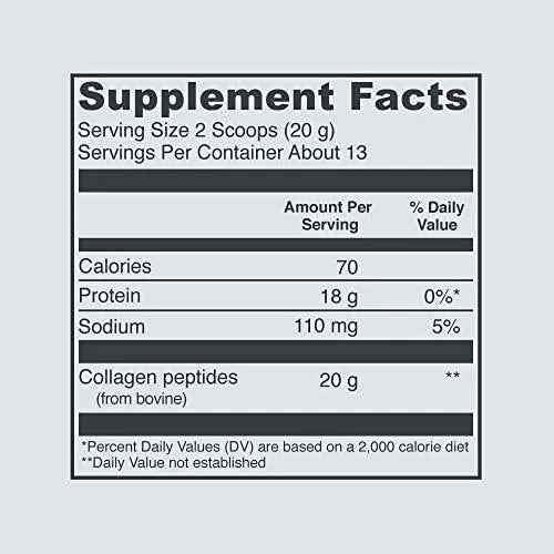 Vital Proteins Collagen Peptides Powder supplement facts label showing 20 g of bovine collagen peptides per serving