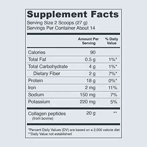 Vital Proteins Collagen Peptides Powder supplement facts label listing 20 g collagen peptides per serving and nutrition details