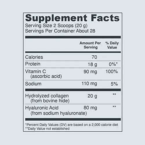 Vital Proteins Collagen Peptides Powder supplement facts label listing collagen, hyaluronic acid, vitamin C and serving details