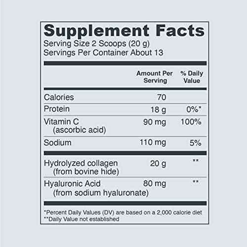 Vital Proteins Collagen Peptides Powder supplement facts label showing 20 grams of hydrolyzed collagen per serving and 80 milligrams of hyaluronic acid