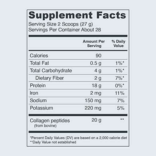 Vital Proteins Collagen Peptides Powder supplement facts label showing 20 g of bovine collagen peptides per serving