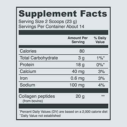 Vital Proteins Collagen Peptides Powder supplement facts label listing 20 g of bovine collagen peptides per serving