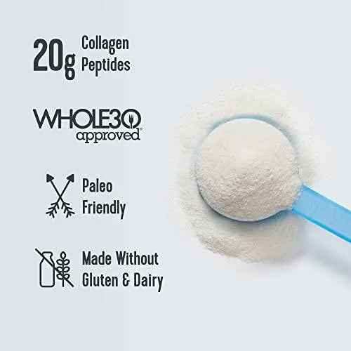 Vital Proteins Collagen Peptides Powder in white powder form, with a blue scoop and labels for 20g collagen, paleo friendly, and gluten- and dairy-free.