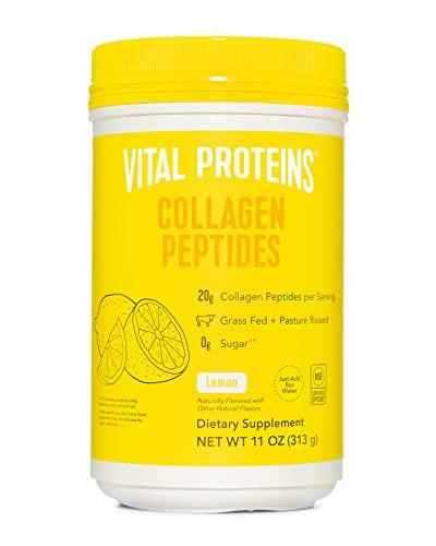 Vital Proteins Collagen Peptides Powder in a bright yellow and white plastic tub with citrus illustrations and 20g per serving label