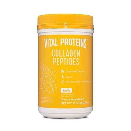 Vital Proteins Collagen Peptides Powder in a yellow and white tub with a matching lid, labeled vanilla flavor.