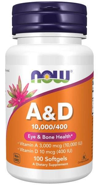 Vitamin A & D softgel supplement bottle with white and orange label, purple cap, and eye and bone health wording