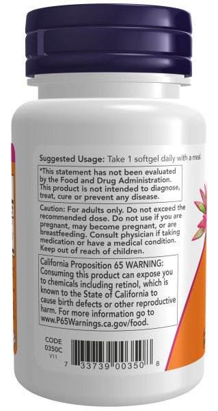 Vitamin A & D supplement bottle with a white label, purple cap, and visible dosage and usage information