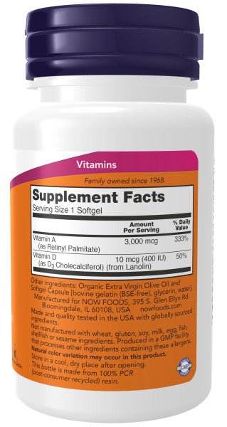 Vitamin A & D supplement bottle in white plastic with a dark purple cap and orange label showing supplement facts