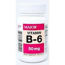White plastic bottle of Vitamin B-6 50 Mg Tablet with a pink and black label showing the dosage of 50 mg.