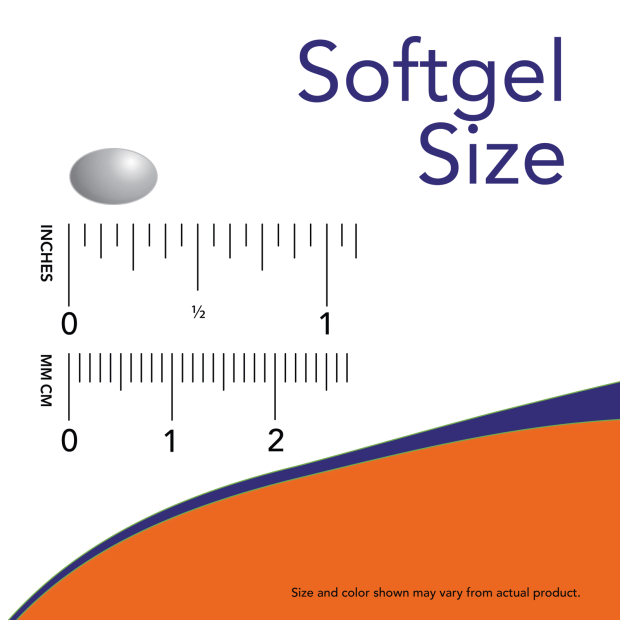 Vitamin D-3 2,000 IU softgel capsule size comparison next to a ruler showing measurements in inches and millimeters