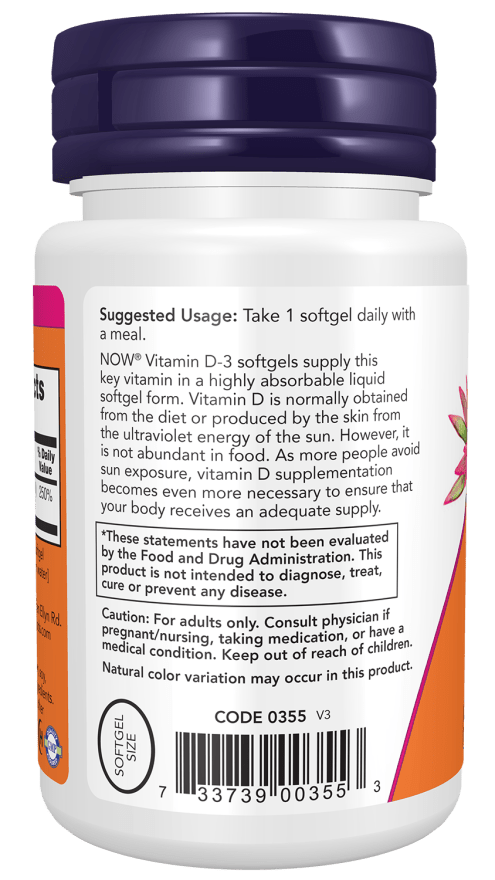 Vitamin D-3 2,000 IU supplement bottle with purple cap and detailed label showing usage instructions and warnings