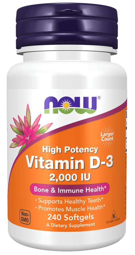 Bottle of Vitamin D-3 2,000 IU dietary supplement softgels with orange and purple label highlighting bone and immune health benefits