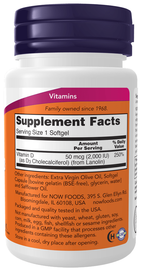 Vitamin D-3 2,000 IU supplement bottle with purple cap and detailed supplement facts label including vitamin D content and ingredients