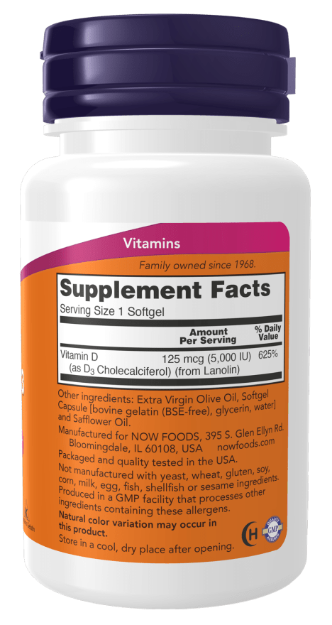 Bottle of Vitamin D-3 5000 IU high potency softgels