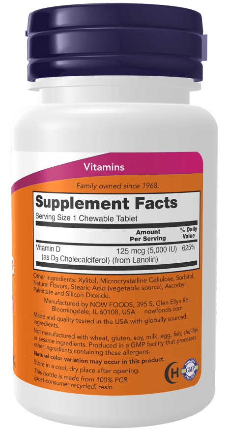 Bottle of Vitamin D-3 Chewable 5000 IU with natural mint flavor