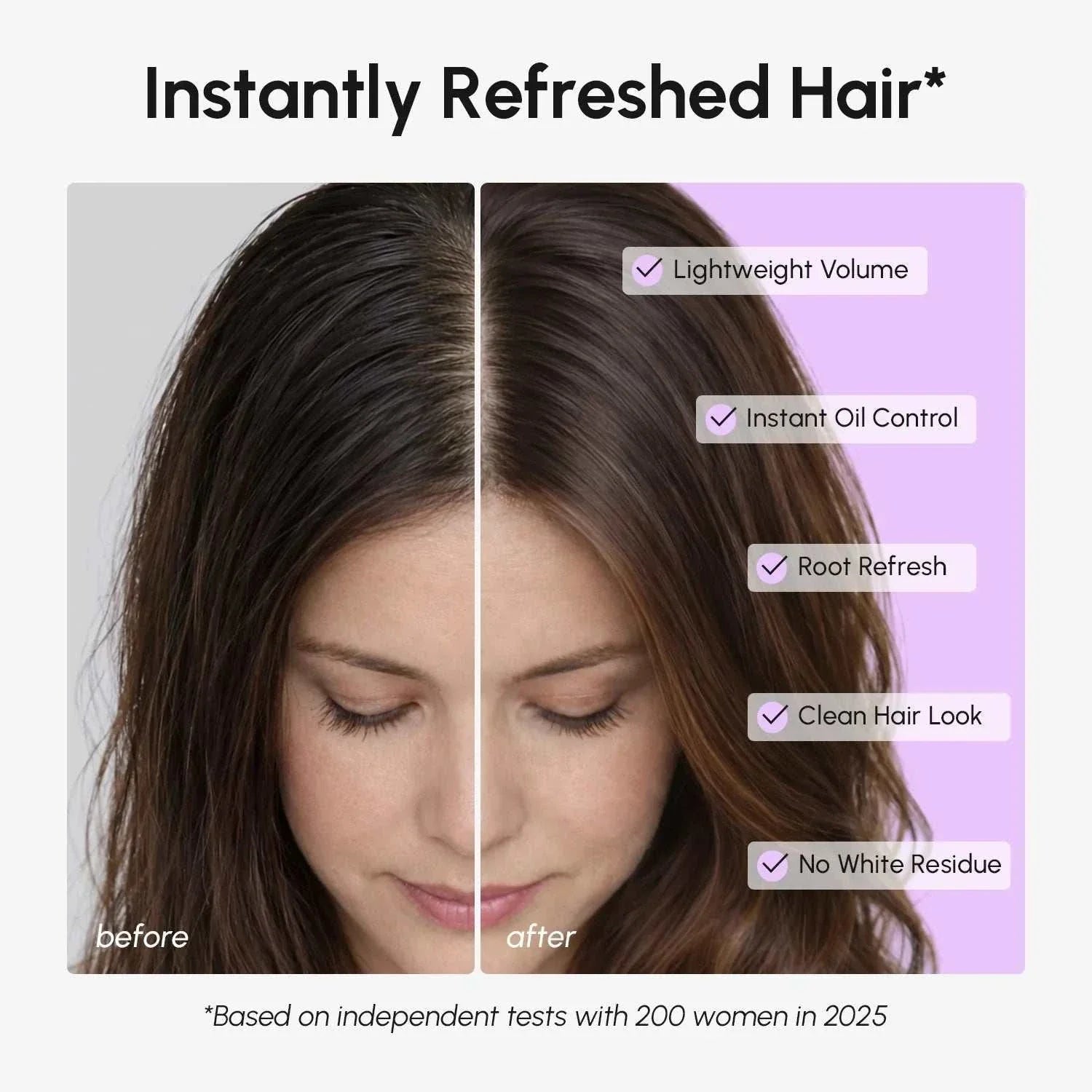Volumizing Dry Shampoo Powder results showing a woman’s dark brown hair before and after, with refreshed roots and added volume