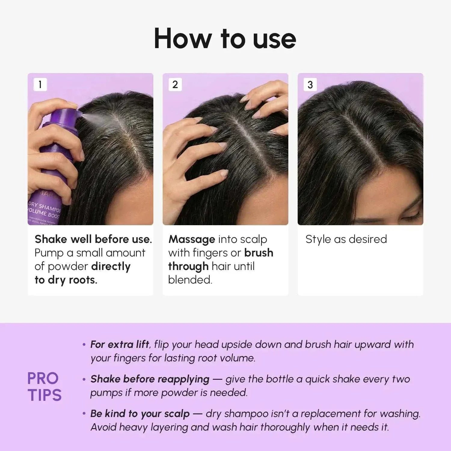 Volumizing Dry Shampoo Powder used at dark roots, shaken and massaged into the scalp for fresh, lifted hair