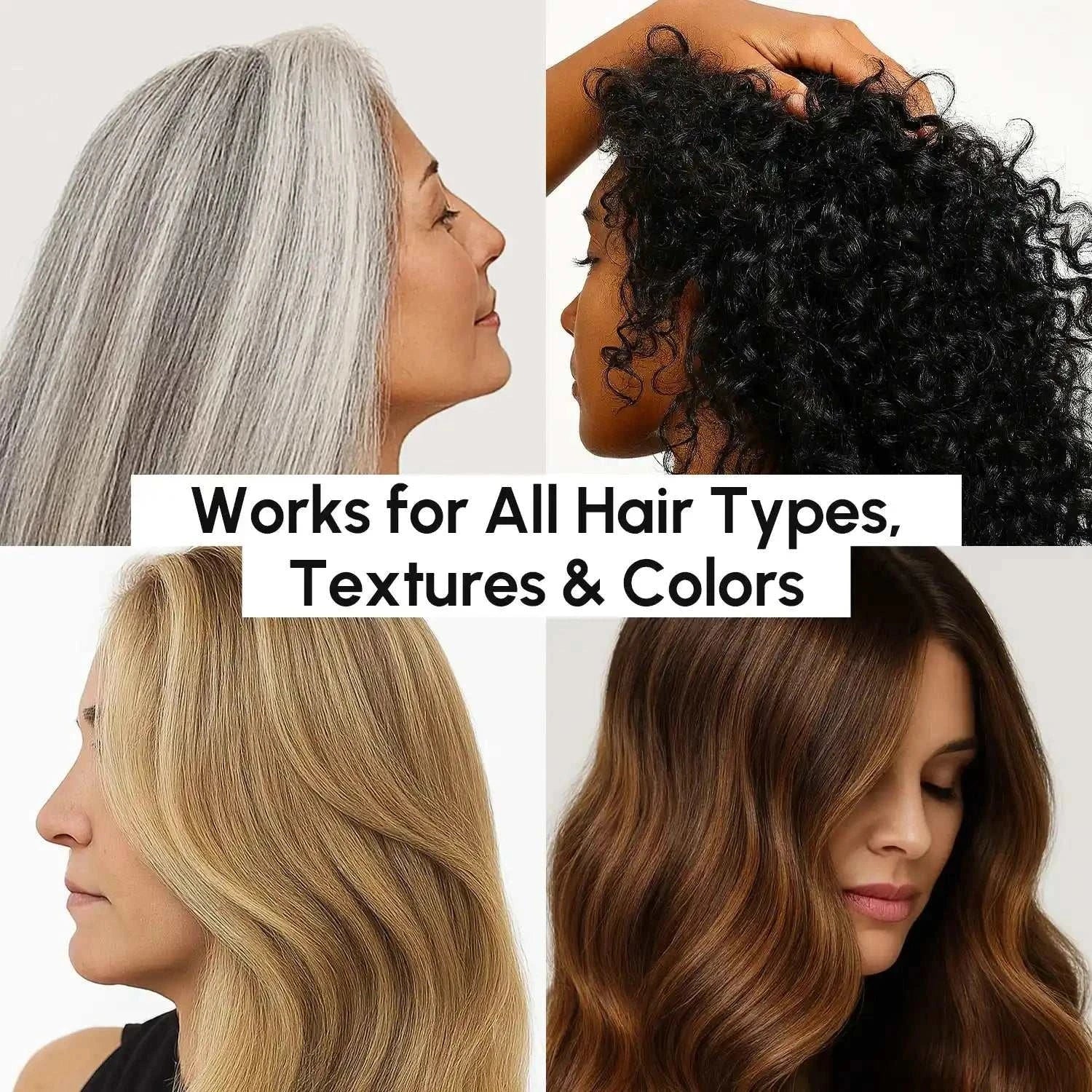 Volumizing Dry Shampoo Powder shown with women’s silver, curly black, blonde and brunette hair, highlighting all textures and colors