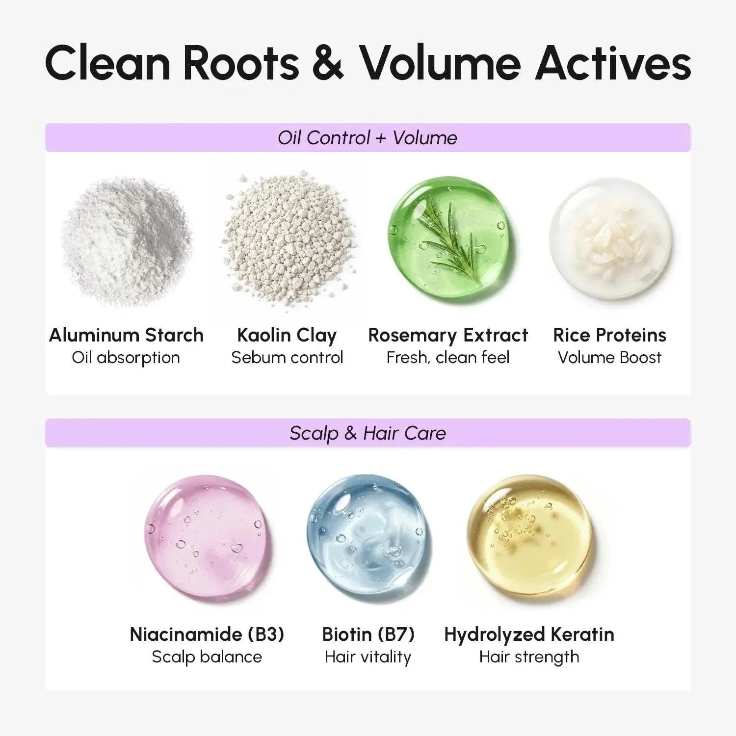 Volumizing Dry Shampoo Powder ingredient chart featuring aluminum starch, kaolin clay, rosemary extract, rice proteins, niacinamide, biotin and hydrolyzed keratin.