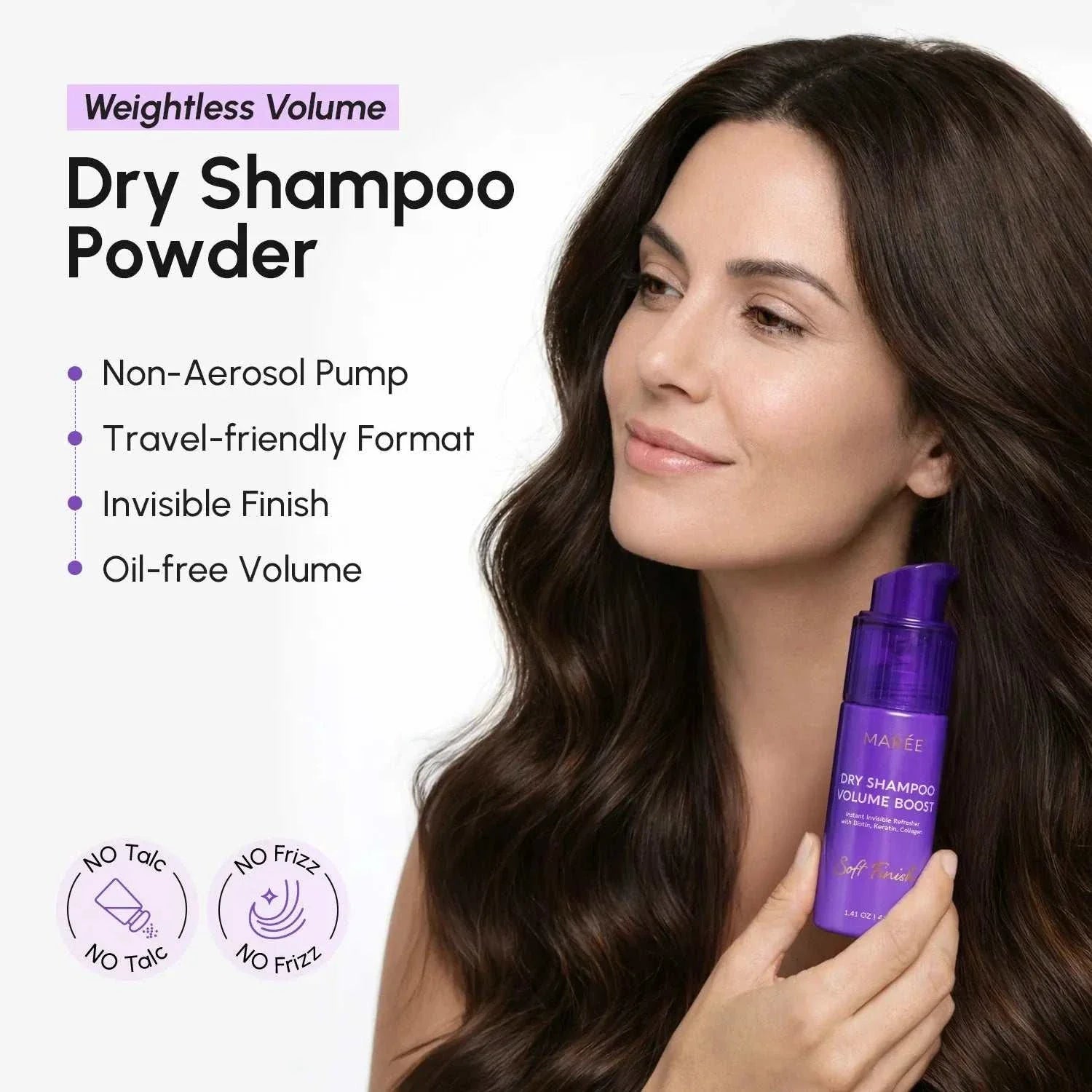 Volumizing Dry Shampoo Powder in a purple non-aerosol pump bottle, held beside long dark brown hair