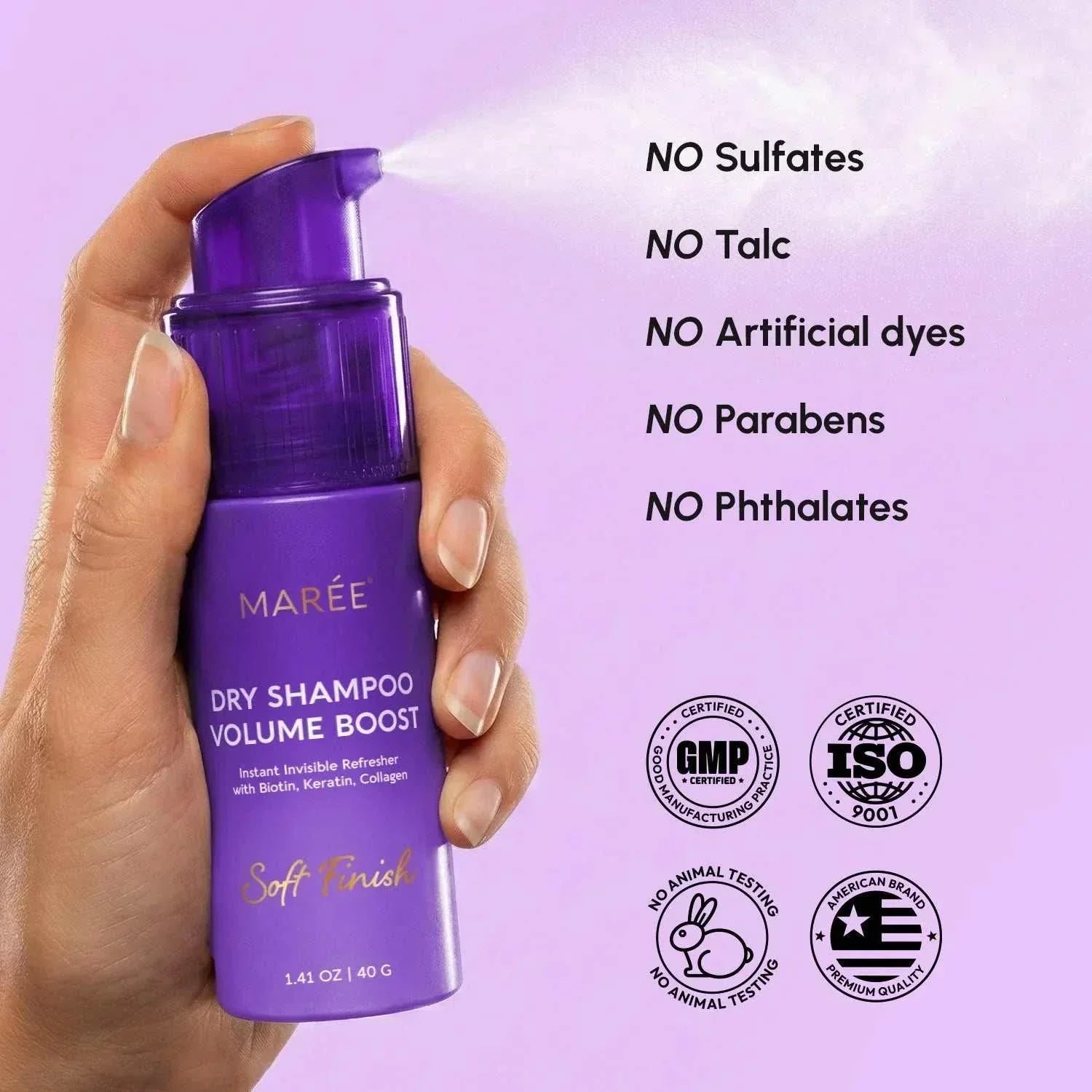 Volumizing Dry Shampoo Powder in a translucent purple pump bottle with a violet cap and gold lettering