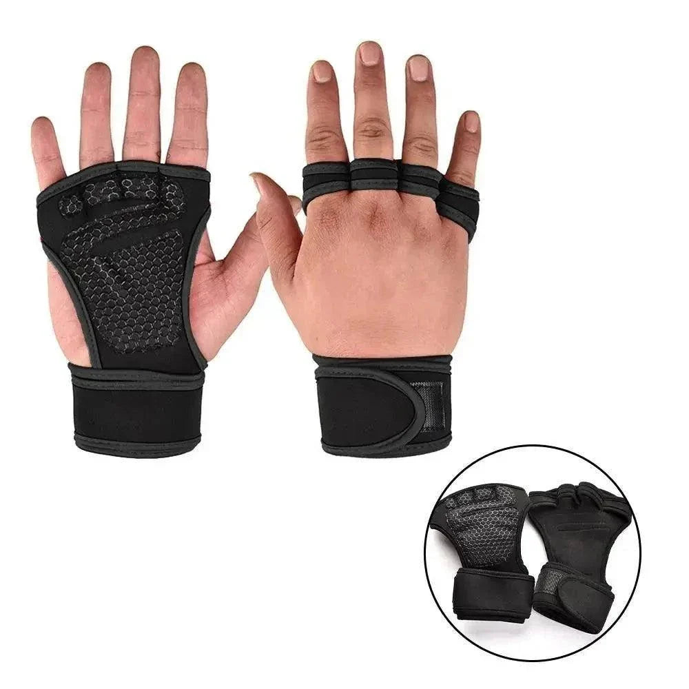 Weight Lifting Gloves in black with fingerless design, adjustable wrist straps, neoprene material, and textured palm grip for enhanced support