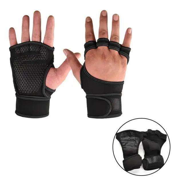 Weight Lifting Gloves in black with fingerless design, breathable fabric, wrist support strap, and textured palm for grip.