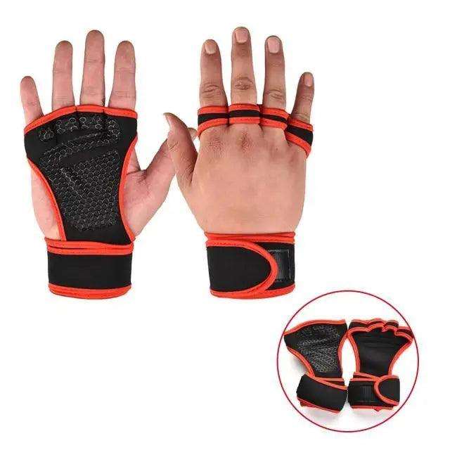 Weight Lifting Gloves in black and orange with neoprene material, fingerless design, wrist support, and textured palm grip.