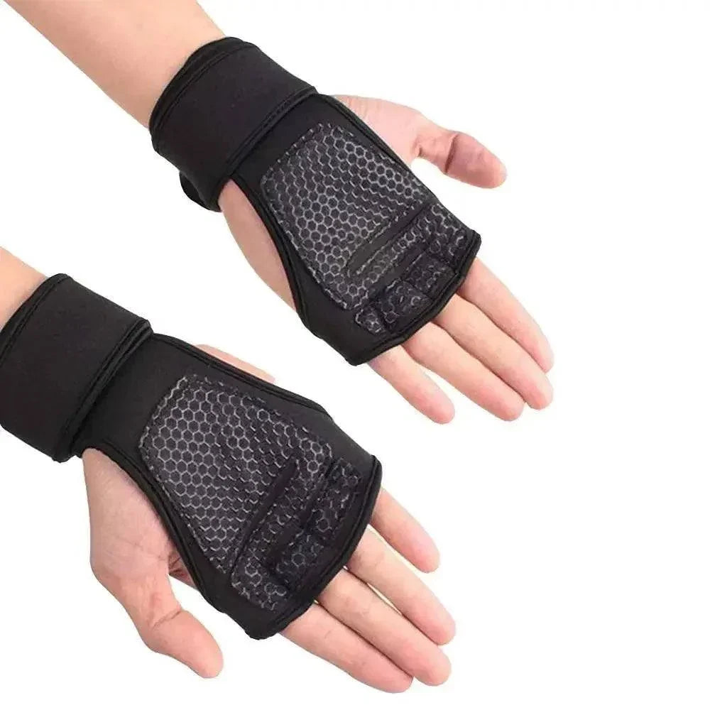 Weight Lifting Gloves in black with wrist support, hexagonal grip pattern, and fingerless design for gym workouts