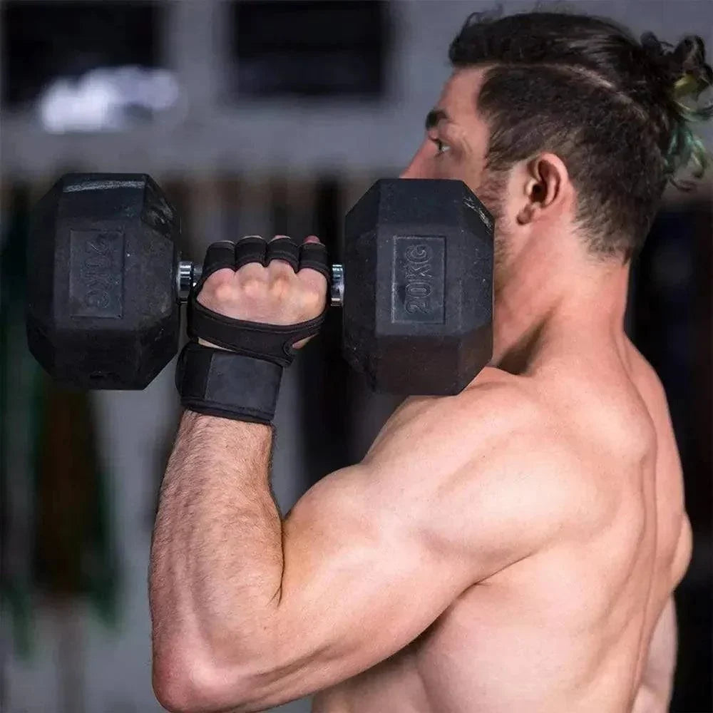 Weight Lifting Gloves in black with fingerless design, wrist wrap support, and breathable neoprene material for gym workouts.