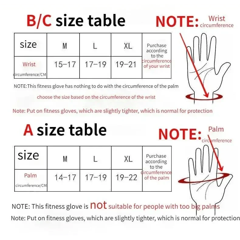 Size chart for Weight Lifting Gloves showing wrist and palm circumference measurements for medium, large, and extra-large sizes with fitting notes.