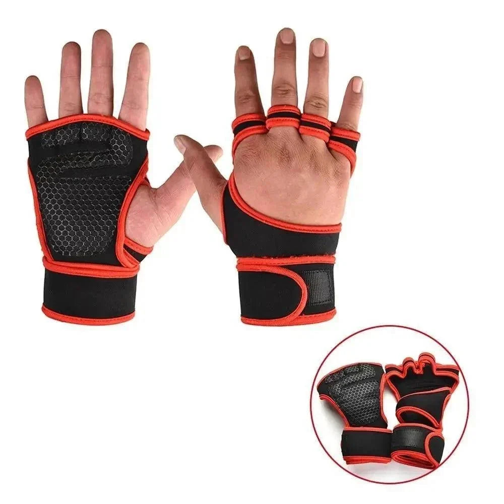 Weight Lifting Gloves in black with red trim, fingerless design, padded palm with textured grip and adjustable wrist support straps.