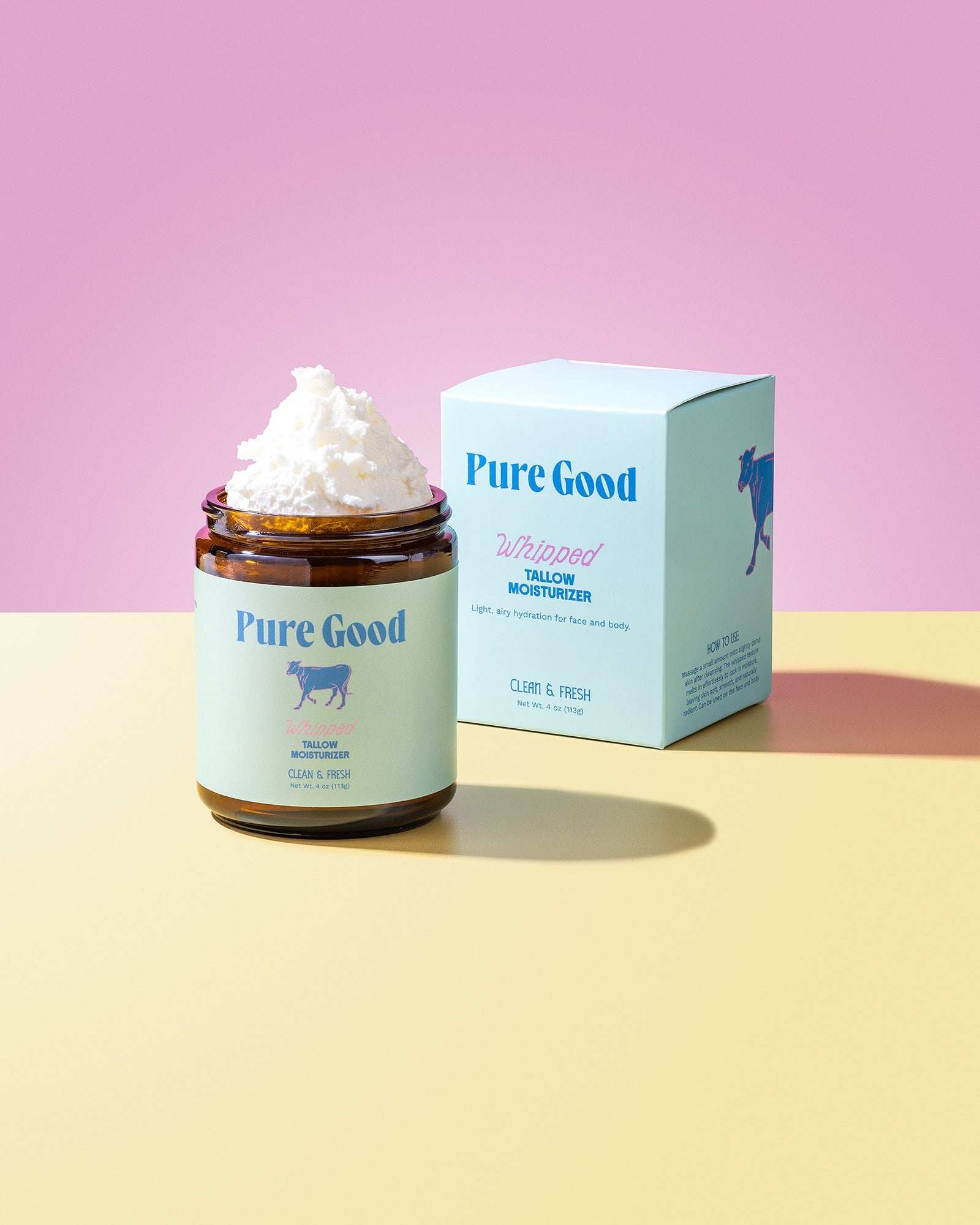 Whipped Tallow Moisturizer in an amber jar with creamy white whipped balm and coordinating Pure Good box