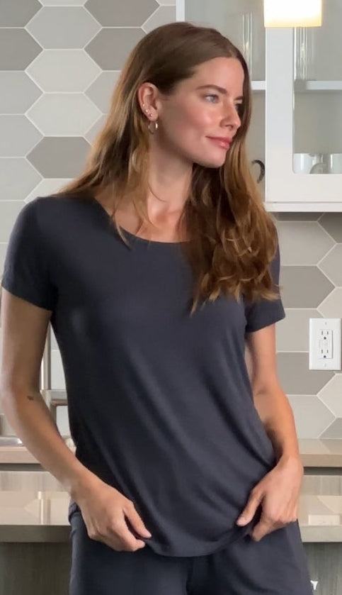 Women’s Bamboo Lounge Set in charcoal gray with a soft, smooth short-sleeve crew-neck T-shirt and relaxed fit