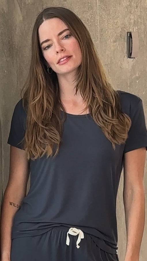 Women’s Bamboo Lounge Set with a charcoal grey short-sleeve crew-neck T-shirt and matching drawstring shorts