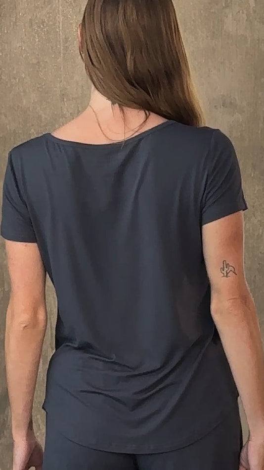 Women’s Bamboo Lounge Set with a charcoal short-sleeve T-shirt, relaxed fit and soft, smooth fabric
