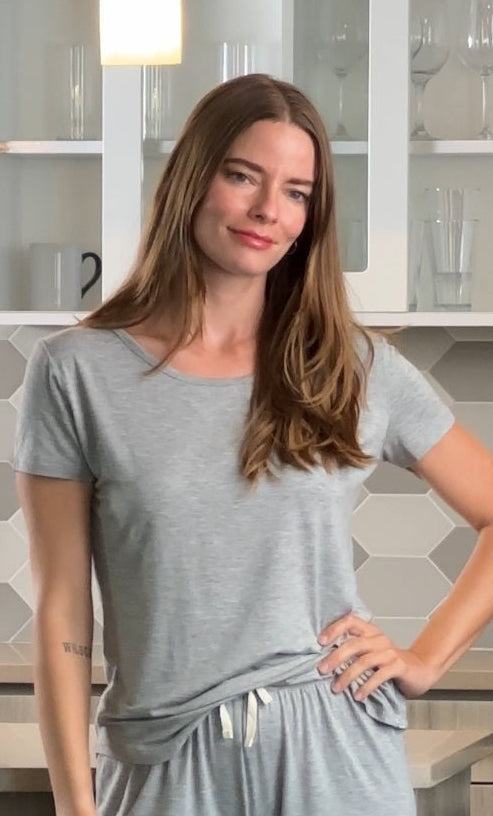 Women’s Bamboo Lounge Set in light gray with a soft draped short-sleeve crew-neck tee and relaxed drawstring shorts