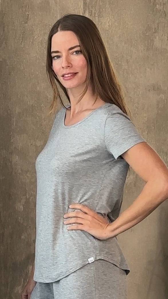 Women’s Bamboo Lounge Set in a soft gray solid fabric, featuring a short-sleeve crew-neck top and matching shorts