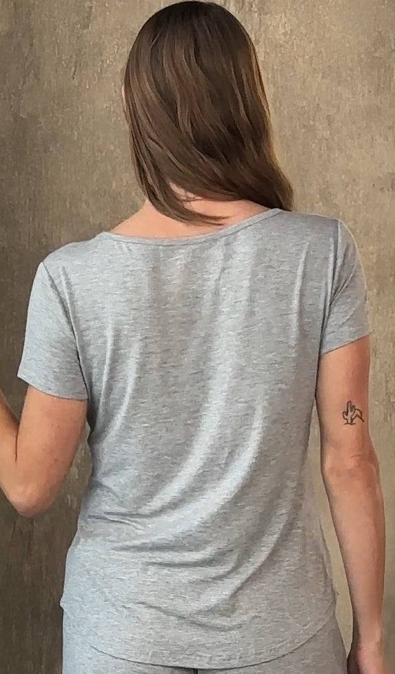 Women’s Bamboo Lounge Set with a heather gray short-sleeve T-shirt, relaxed fit and soft draped fabric