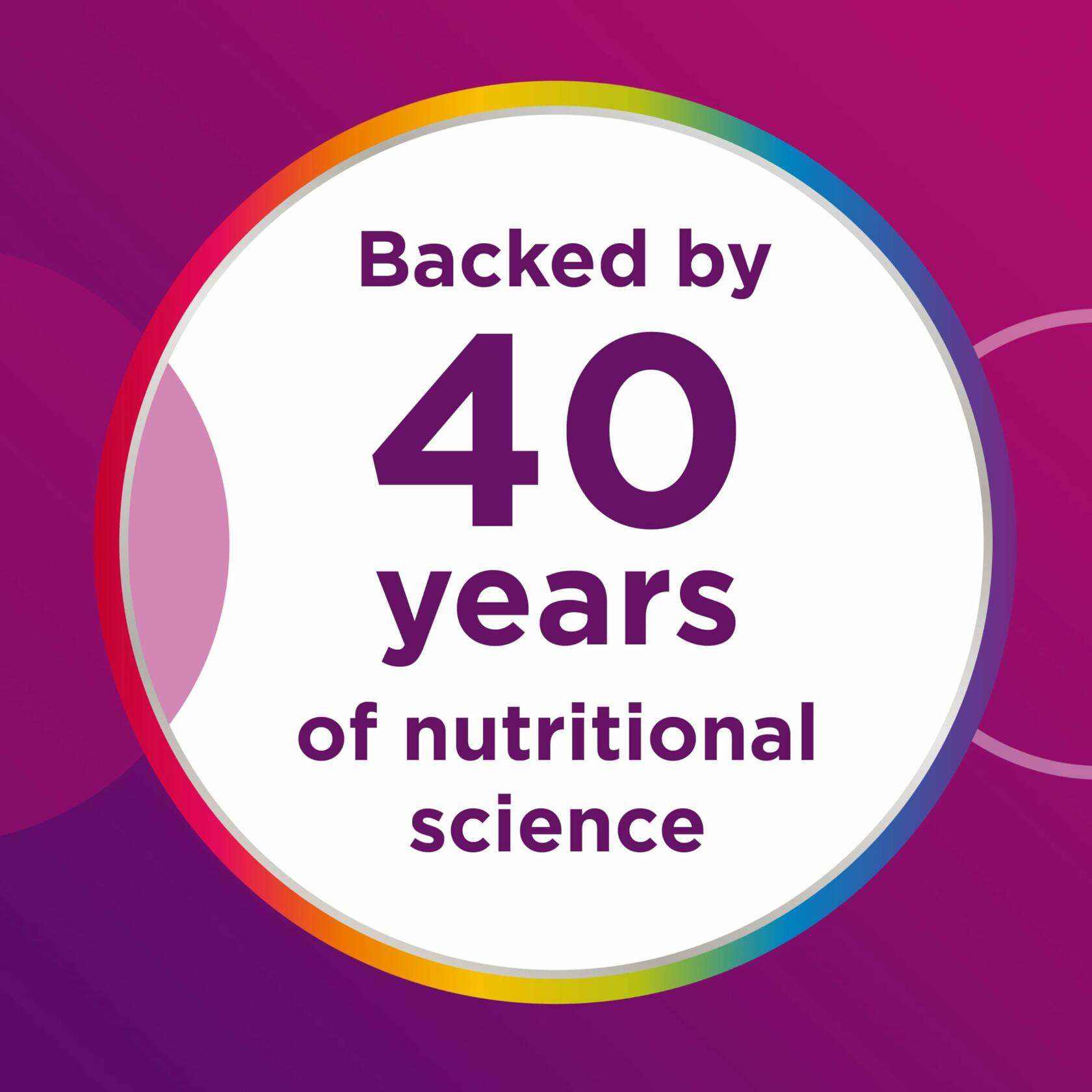 Circular label with text stating backed by 40 years of nutritional science on a purple background