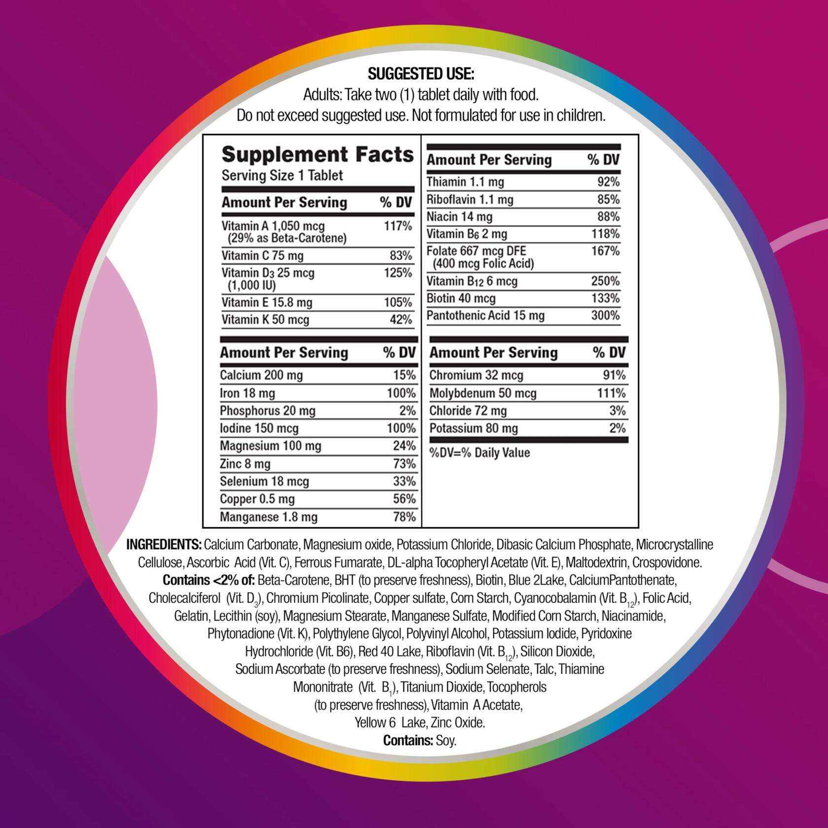 Centrum women's multivitamins with iron bottle label showing supplement facts and ingredients on a purple background