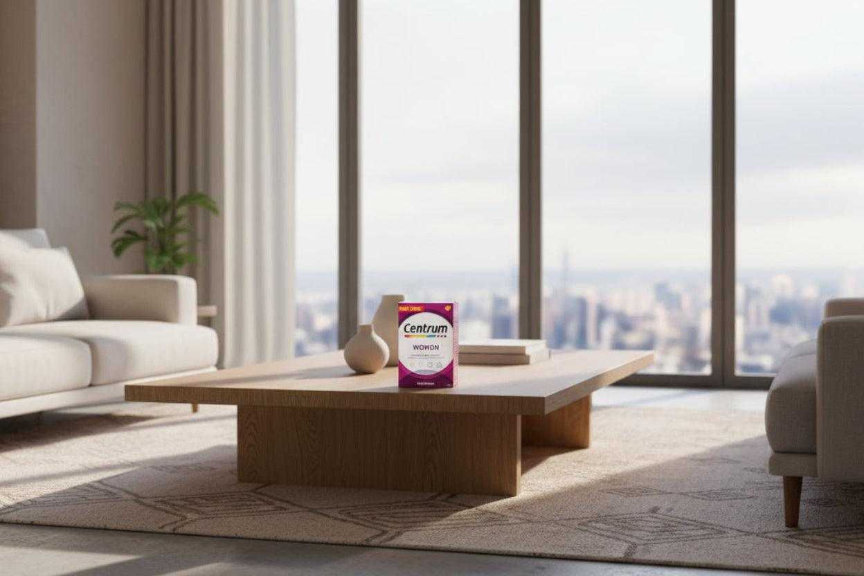 Centrum box of women's multivitamins with iron in pink and white packaging with vitamin support details