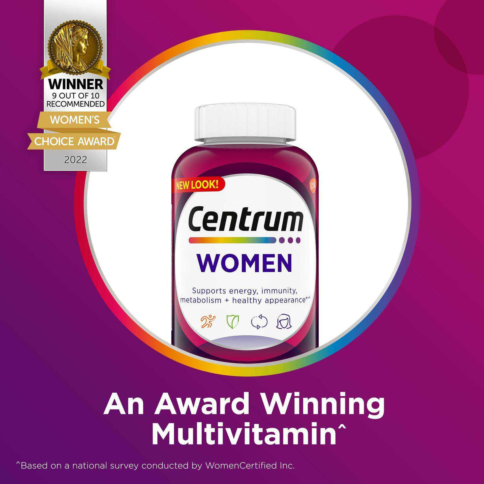 Bottle of Centrum Women multivitamins with iron and B vitamins in purple and white packaging supporting energy and immunity
