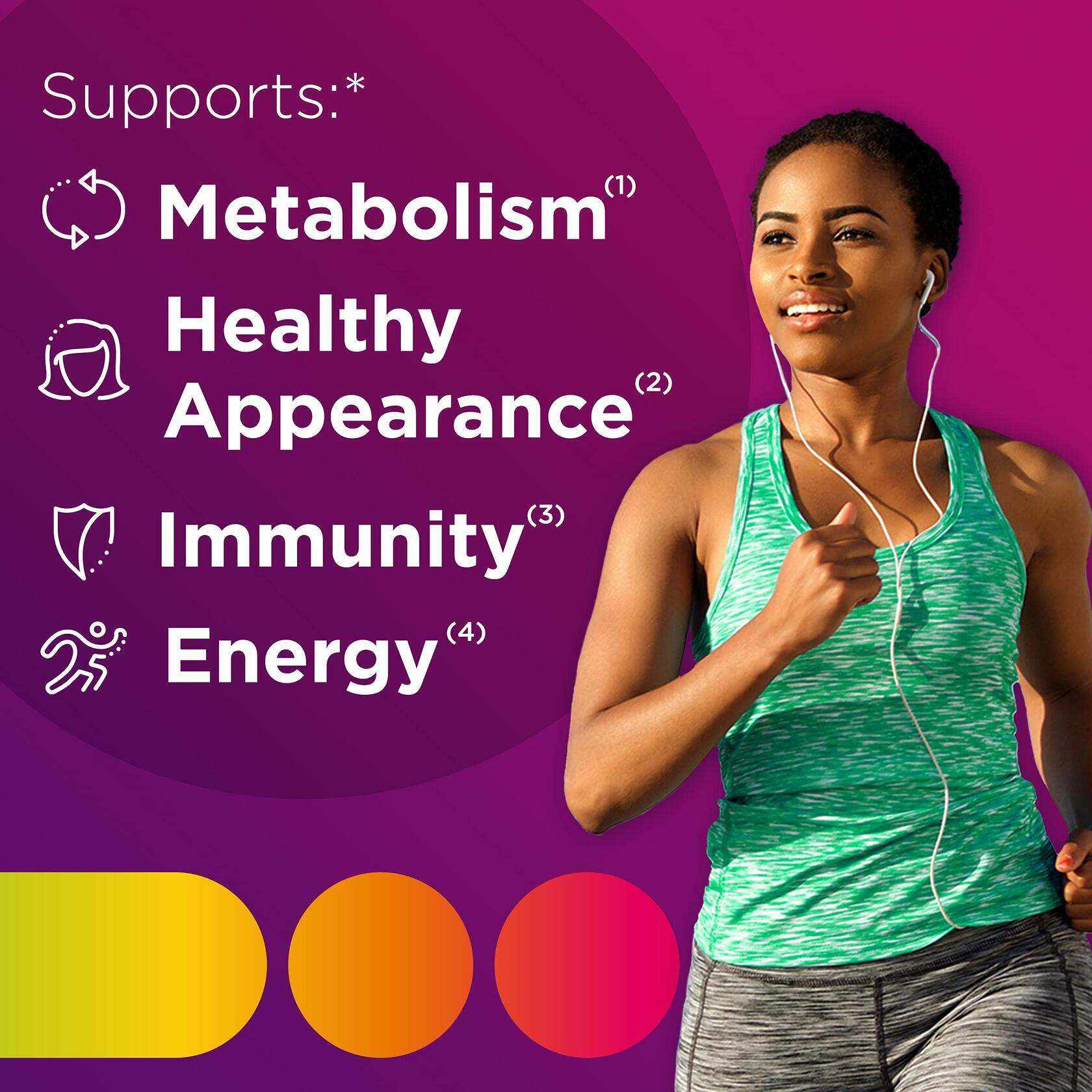 women's multivitamins with iron featuring a fit woman in a green sleeveless top and gray leggings with earphones, highlighting metabolism, healthy appearance, immunity, and energy