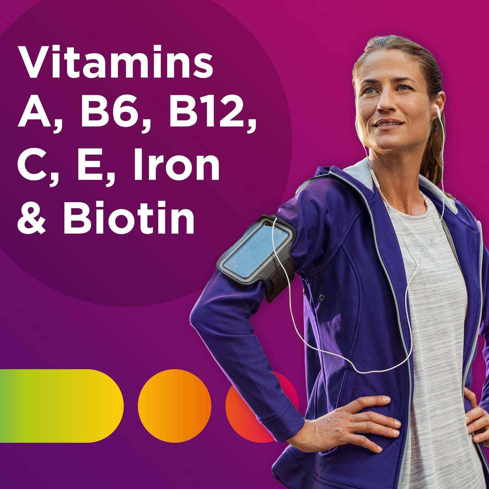 Women's multivitamins with iron featuring vitamins A, B6, B12, C, E, and biotin highlighted next to a woman in athletic wear